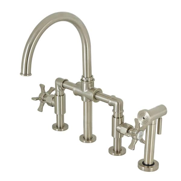 Kingston Brass Hamilton Double-Handle Deck Mount Gooseneck Bridge Kitchen Faucet with Brass Sprayer in Brushed Nickel