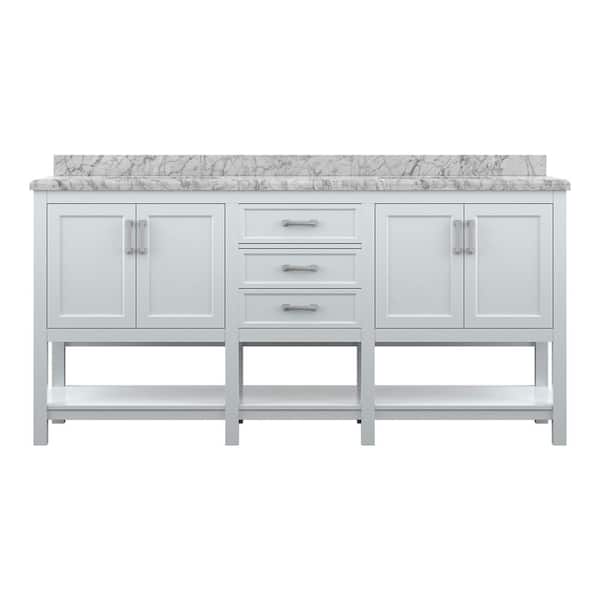 Everett 73 in. Double Sink White Bath Vanity with White Carrara Marble Top (Assembled)