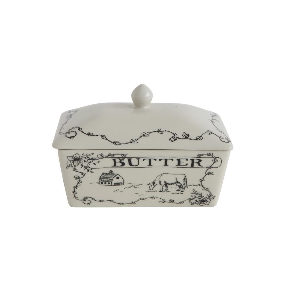 Farmhouse White and Black Stoneware Butter Dish with Lid