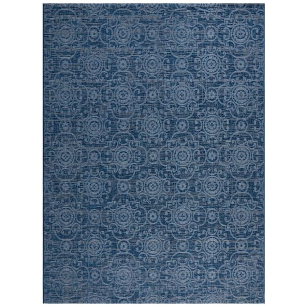 Courtyard Navy/Beige 8 ft. x 11 ft. Antique Floral Indoor/Outdoor Area Rug