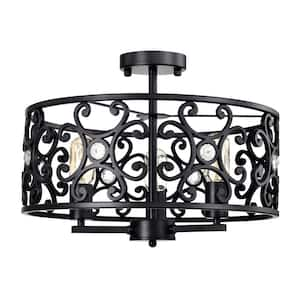 Theofy 18 in. 3-Light Indoor Matte Black Finish Semi-Flush Mount Ceiling Light with Light Kit