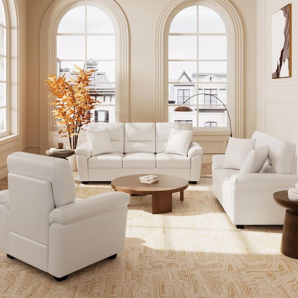 3-Pieces Garrin Modern Couch Cream White Faux Leather Living Room Set Chair Loveseat and Sofa with Pillows