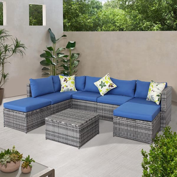 Wateday Outdoor Gray 8-Piece Wicker Patio Conversation Set with Blue Cushions