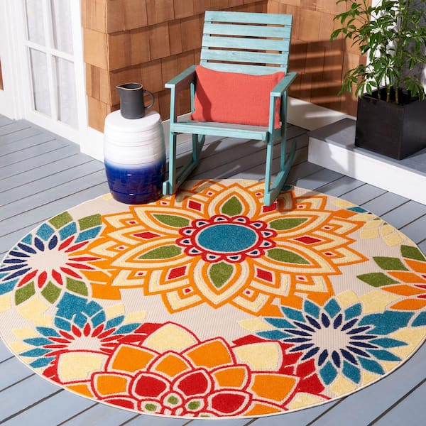 Cabana Ivory/Orange 10 ft. x 10 ft. Retro Floral Round Indoor/Outdoor Area Rug