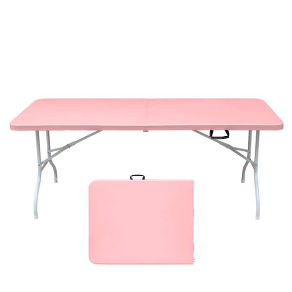 Otryad 73 in. Rectangular Metal Portable Folding Picnic Table with Plastic Countertop Seats 6-People, Pink