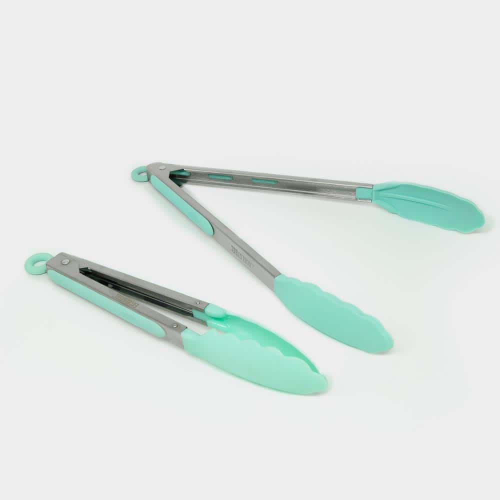 2-Piece Stainless Steel Mini Serving Tongs with Silicone Tips, Silver/Teal