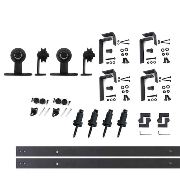 HOMACER 5.5 ft./66 in. Black Rustic Double Track Bypass U-Shape Sliding Barn Door Hardware Kit - T-Shape Design Roller