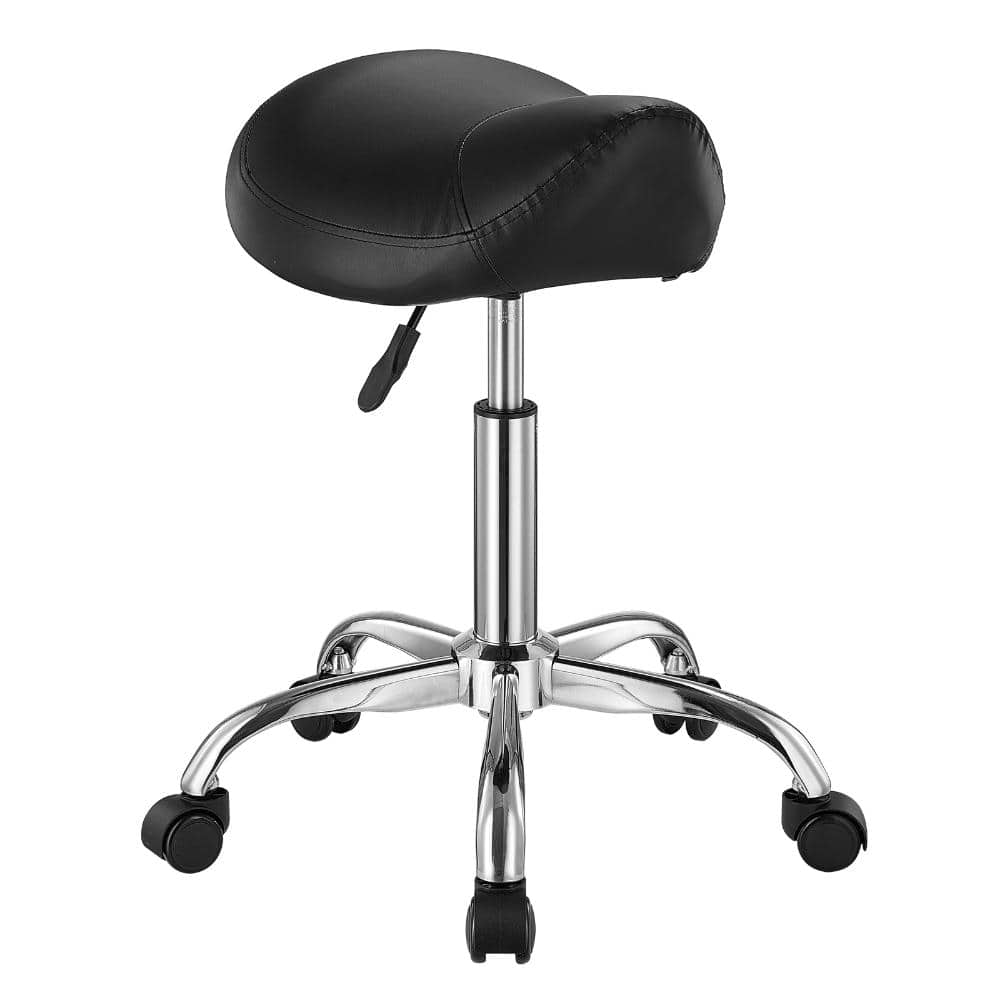 Black saddle stool with chrome base and wheels on a white background.