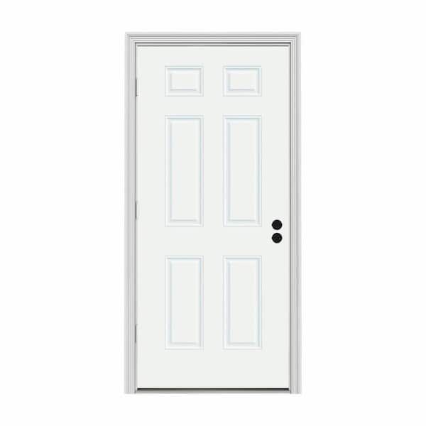 JELD-WEN 30 in. x 80 in. 6-Panel White Painted Steel Prehung Right-Hand Outswing Front Door w/Brickmould