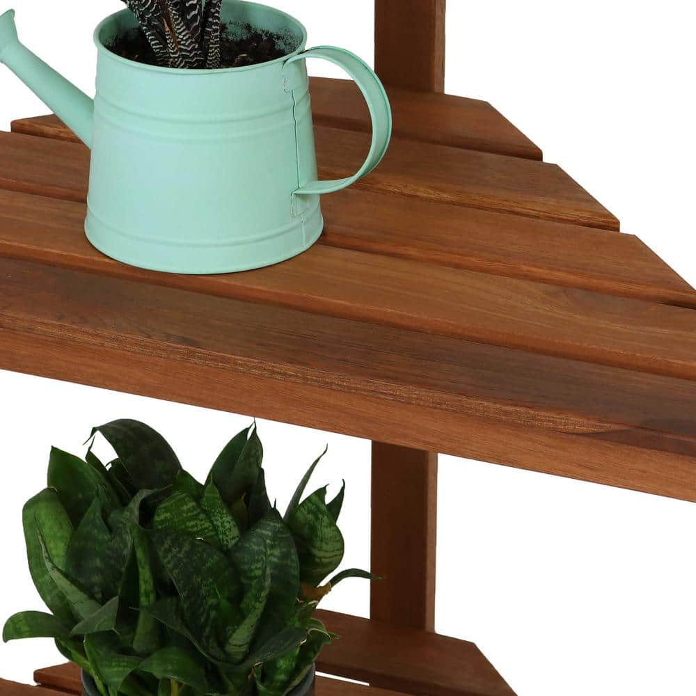 Sunnydaze Brown Meranti Wood 3-Tier Corner Plant Stand