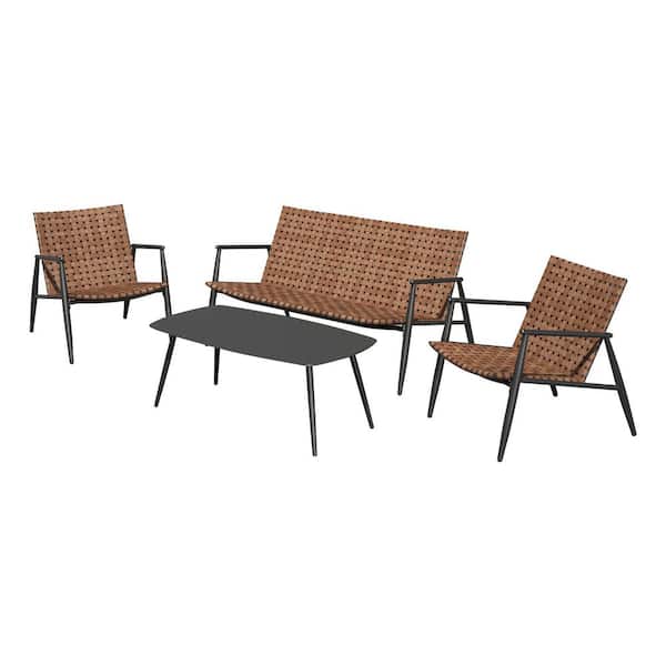BANSA ROSE 4-Piece Aluminum and Rattan Patio Conversation Set with Loveseat and Coffee Table