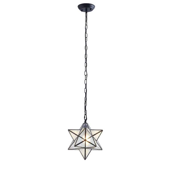aiwen 12 in. Modern Black 1-Light Geometric Moravian Star Pendant Light Creative Design Hanging Light with Seeded Glass Shade