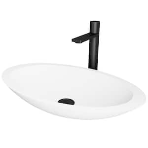 Matte Stone Wisteria Composite Oval Vessel Bathroom Sink in White with Gotham Faucet and Pop-Up Drain in Matte Black