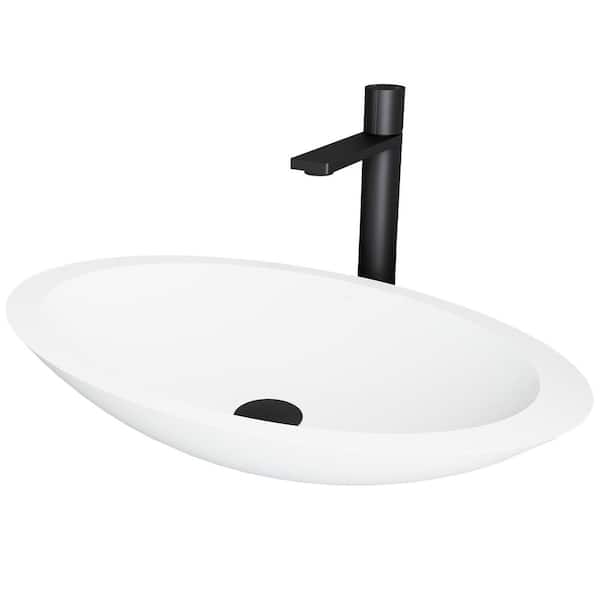 Vigo Matte Stone Wisteria Composite Oval Vessel Bathroom Sink In White With Gotham Faucet And Pop Up Drain Black Vgt2018 - Composite Oval Bathroom Sink