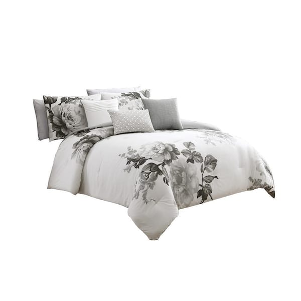 Benjara 7-Piece Gray and White Floral Cotton Queen Comforter Set