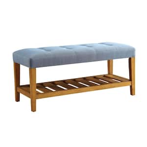 18 in. H x 40 in. W Wood Shoe Storage Bench with Blue Cushion