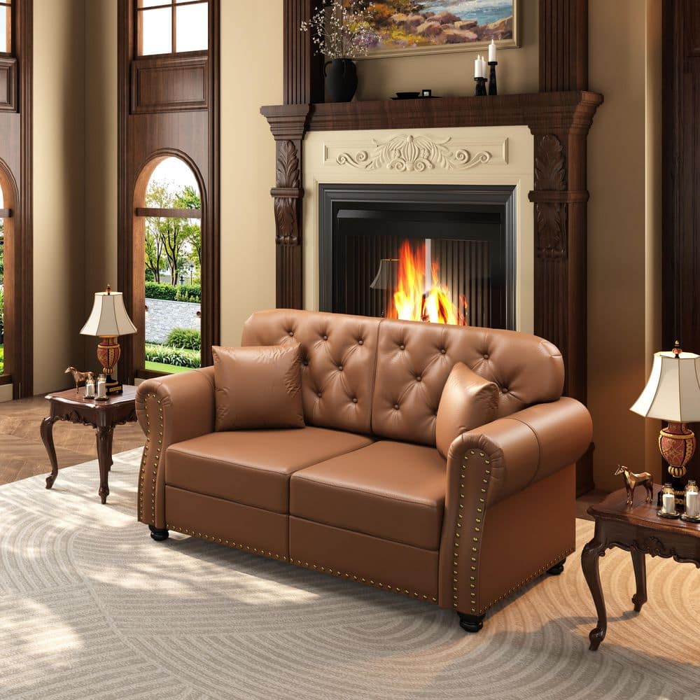 Harrison 63 in. Rolled Arm Faux Leather Rectangle Loveseat with Button Tufting and Nailhead Trim in Brown price history on PriceWatchPro