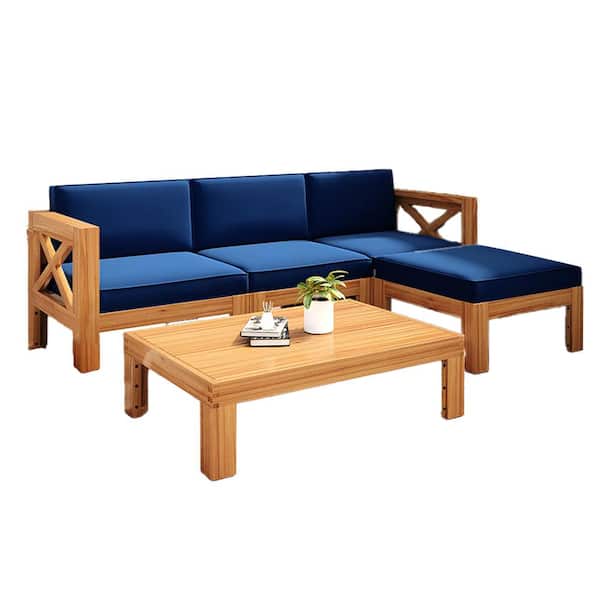 Unbranded 5-Piece Solid Wood Outdoor Backyard Patio Sectional Set Sofa Seating Group Set with Natural Finish and Blue Cushions