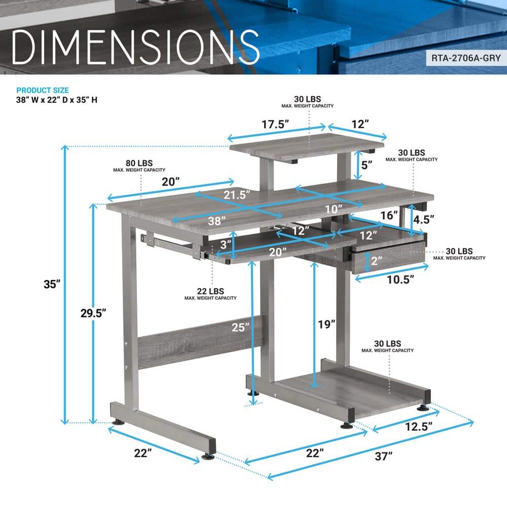 Sleek Gray MDF and Steel Compact Computer Desk with Drawers