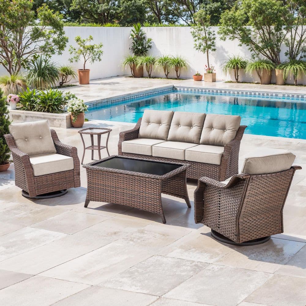 Artisan Brown 5-Piece Wicker Patio Conversation Set with Swivel Rockers, Sofa Seating Set with Olefin Beige Cushions price history on PriceWatchPro