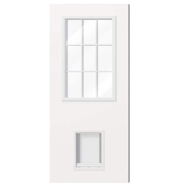 36 in. x 80 in. 9 Lite, Universal, Clear Glass, White Primed Wood Front Door Slab with Large Pet Door