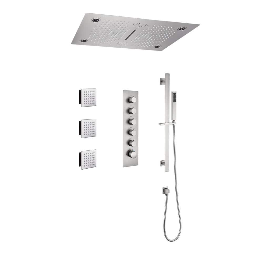 CASAINC 5-Spray 2.5 GPM Ceiling Mount Shower System with Handheld Shower Head, 3-Body Jets, LED, and Music, Brushed Nickel