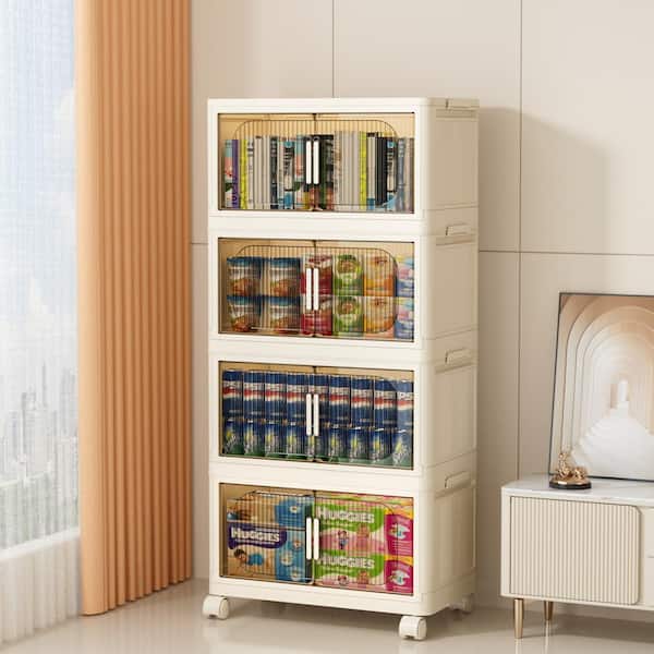 Logmey 40.5 in. 4-Shelf Cream White Folding Kitchen Pantry Cabinet on Wheel