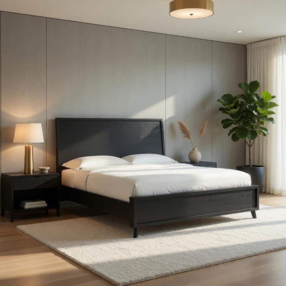Danzi Black Wood Frame Queen Size Panel Bed with Clean-Lined Panel Headboard