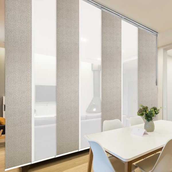 EMOH Frothy Wheat 110 in. - 153 in. W x 94 in. L Adjustable Light Filtering 7-Panel Satin Nickel Panel Track 23.5 in. Slates