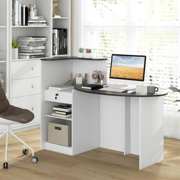 54 in. Black+White Reception Desk with Lockable Drawer & Adjustable Shelf Tabletop for Store