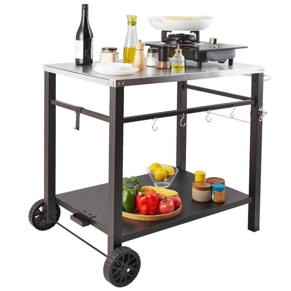 2-Shelf Outdoor Grill Cart, Stainless Steel BBQ Prep Table, Portable Worktable with Wheels, Pizza Oven Stand