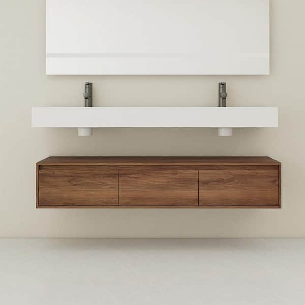 59 in. Wall Mounted Brown Bath Vanity with Double Sink White Resin Top and 3 Drawers Assembled