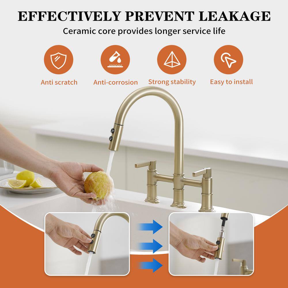 Brushed Gold Double Handle Bridge Kitchen Faucet with 360 Degree Swivel Spout