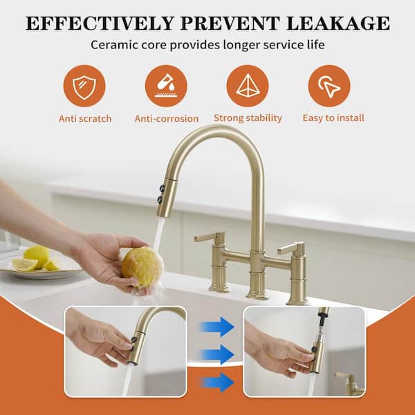 YASINU Double-Handle Bridge Kitchen Faucet With Pull-Down Sprayhead In Brushed Gold