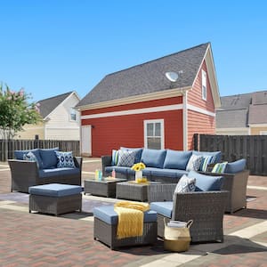 Norman Brown 12-Piece Wicker Outdoor Patio Conversation Seating Sofa Set with Light Blue Cushions, No Assembly Required