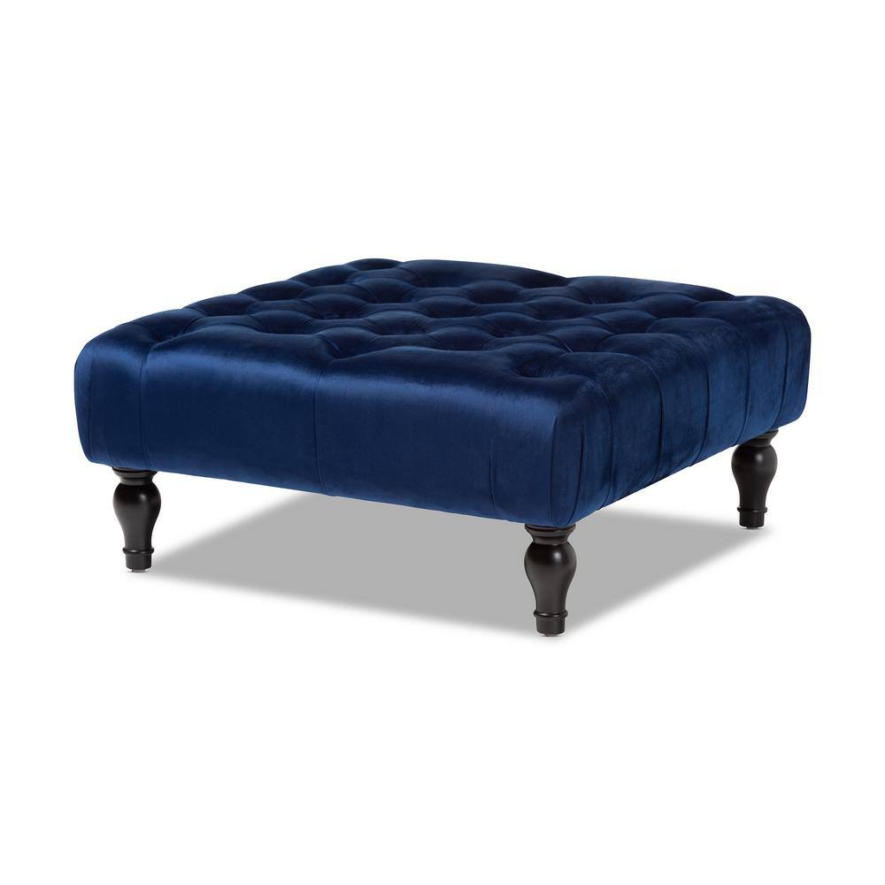 Keswick 36" Blue Velvet Tufted Ottoman with Eucalyptus Wood Base