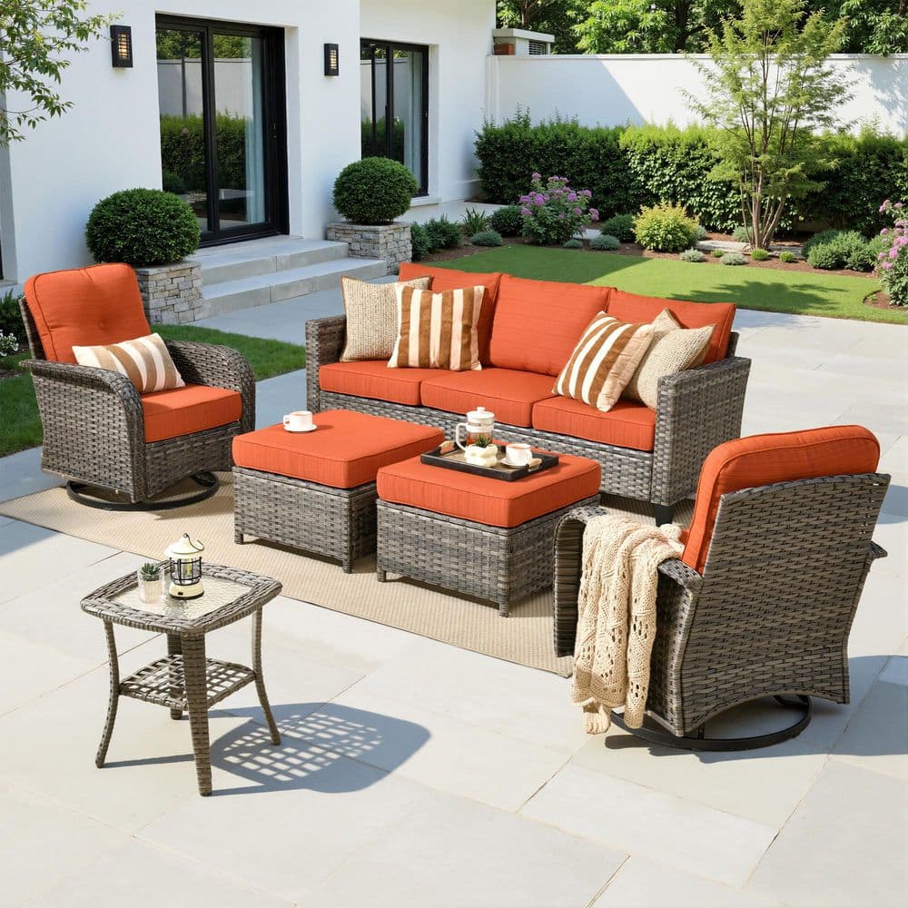 Venia 6-Piece Outdoor Wicker Patio Conversation Set with Rocking Chairs and Orange Red Cushion price history on PriceWatchPro