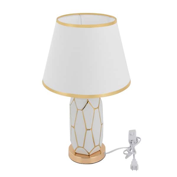 OUKANING 18.5 in. Gold and White Modern Ceramic Task and Reading Plug-In Table Lamp with White Acrylic Shade, No Bulbs Included