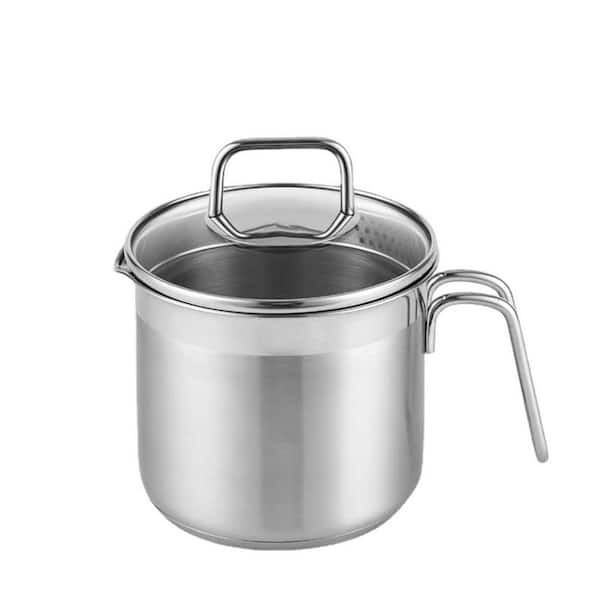 Stainless Steel Saucepan with Glass Lid, 2.5 qt Stock Pot, 5-Ply Induction Compatible, Pour Spout & Strainer Lid