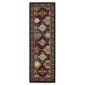 Lillian Navy/Multi 2 ft. x 6 ft. Oriental Medallion Geometric Wool/Nylon Blend Fringed-Edge Indoor Runner Area Rug