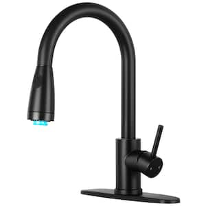 Single Handle Pull Down Sprayer Kitchen Faucet With water temperature LED in Matte Black