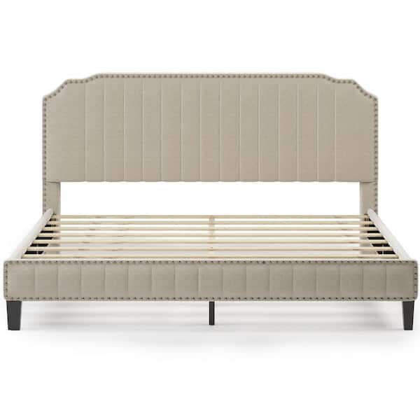 ANBAZAR 81 in. W Modern Cream King Size Linen Upholstered Platform Bed Frame with Nailhead Trim Headboard and Wood Support Slats