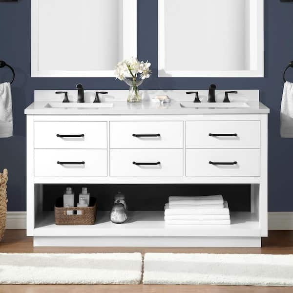 OVE Decors Carran 60 in. W x 22 in. D x 34 in. H Double Sink Bath Vanity in White with White Engineered Stone Top