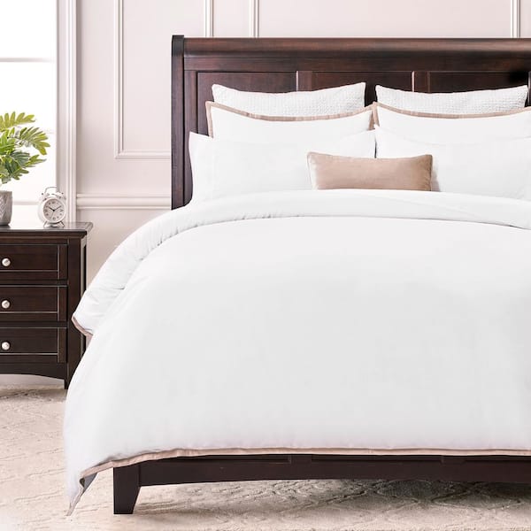 CHANASYA Chanasya 3-Piece Ribbon Embroidered Beige Solid Color Microfiber Duvet Cover Set, Queen
