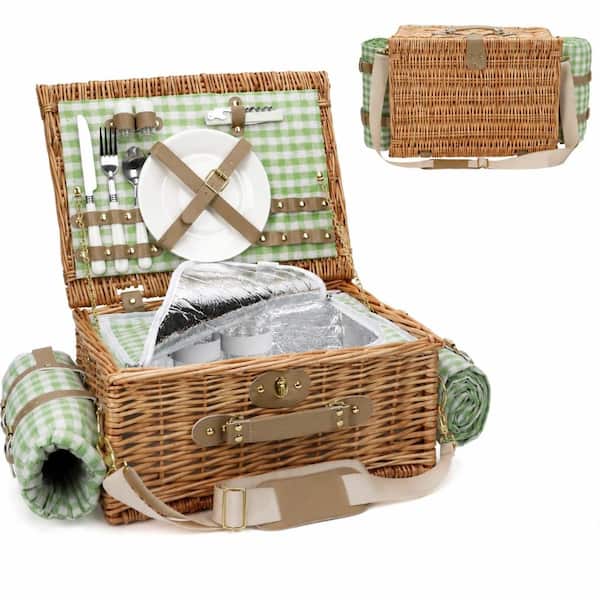 Green Check 2-Piece Picnic Basket Set with Insulated Compartment, Handwoven Wicker Hamper for Outdoor Camping, 16 x 12