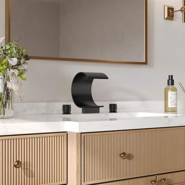 Waterfall 8 in. High Widespread 2-Handle Bathroom Basin Sink Faucet 1.2 GPM in Matte Black with Drain Included