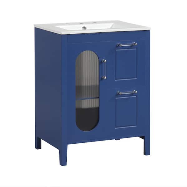 24 in. Single Sink Freestanding Blue Bath Vanity with White Ceramic Top Unassembled