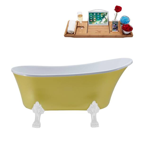 Streamline 55 in. Acrylic Clawfoot Non-Whirlpool Bathtub in Matte Yellow With Glossy White Clawfeet And Brushed Gun Metal Drain