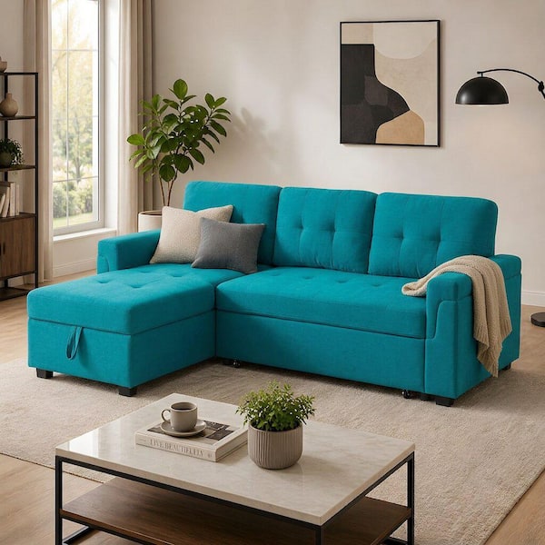 84.64 in. Velvet L-Shaped Sleeper Sectional Sofa in Teal with Square Arms, Reversible Chaise and Pull-Out Sofa Bed