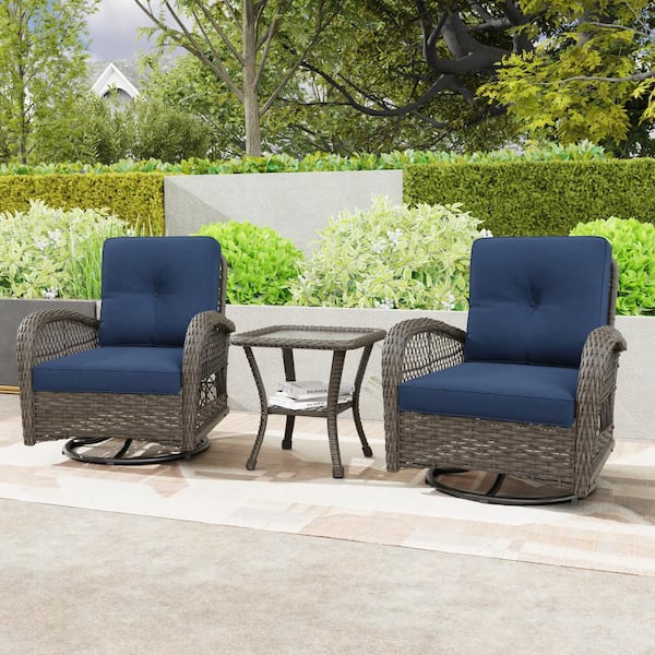 JOYSIDE 3-Piece Wicker Outdoor Rocking Chair Patio Conversation Set Swivel Chairs with Blue Cushions and Side Table